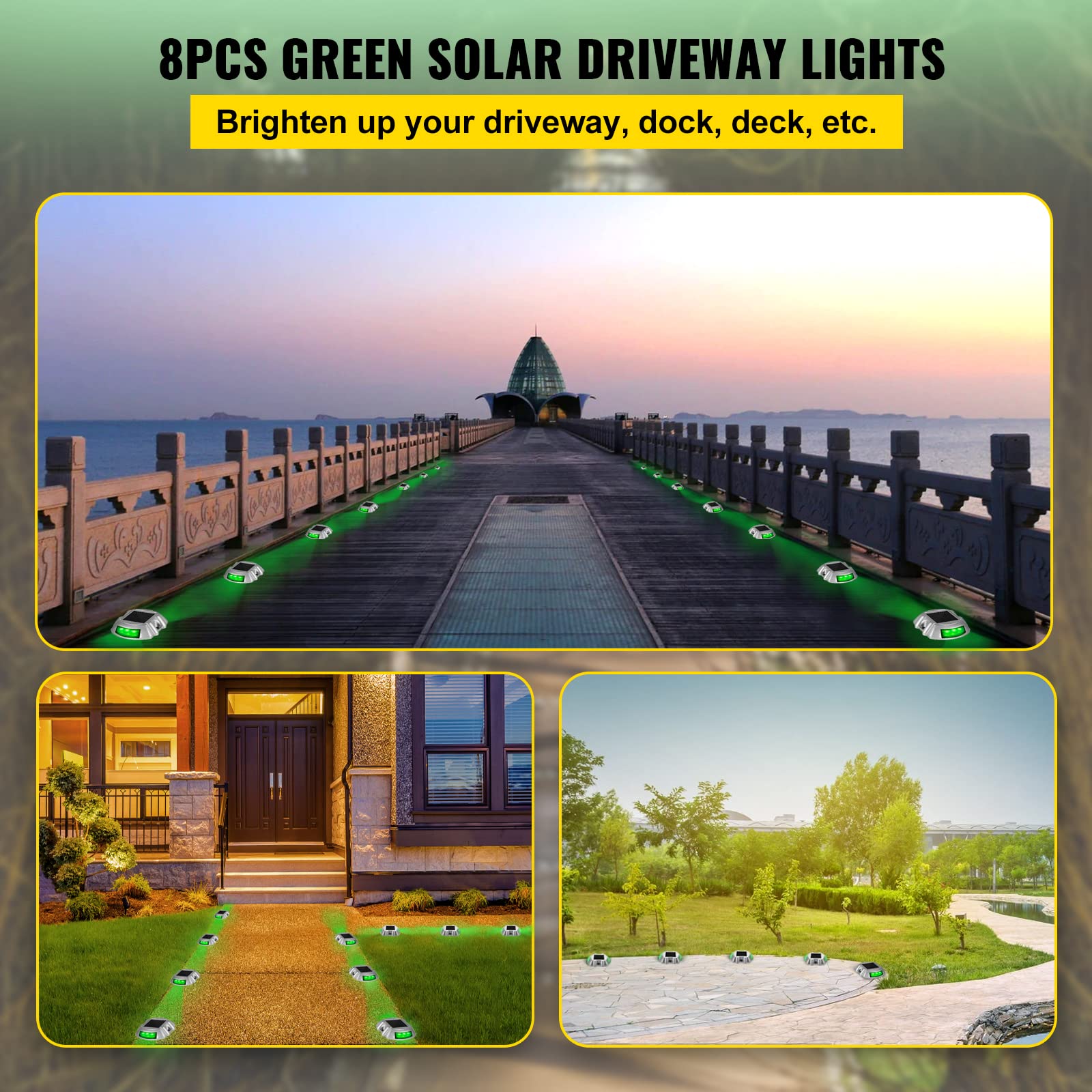 VEVOR 8-Pack Solar Driveway Lights, Waterproof Green LED Deck Lights with Switch for Pathway, Garden, and Sidewalk Safety